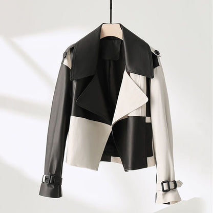 High-End Black White Check Splice Leather Jacket Women's Coat Tops