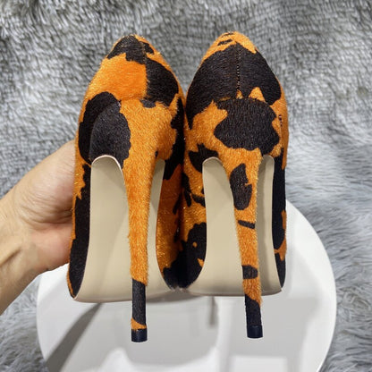 Tikicup Orange Cow Print Hairy Flock Women Pointy Toe High Heel Shoes 8cm 10cm 12cm Slip On Sexy Stiletto Pumps for Party Dress