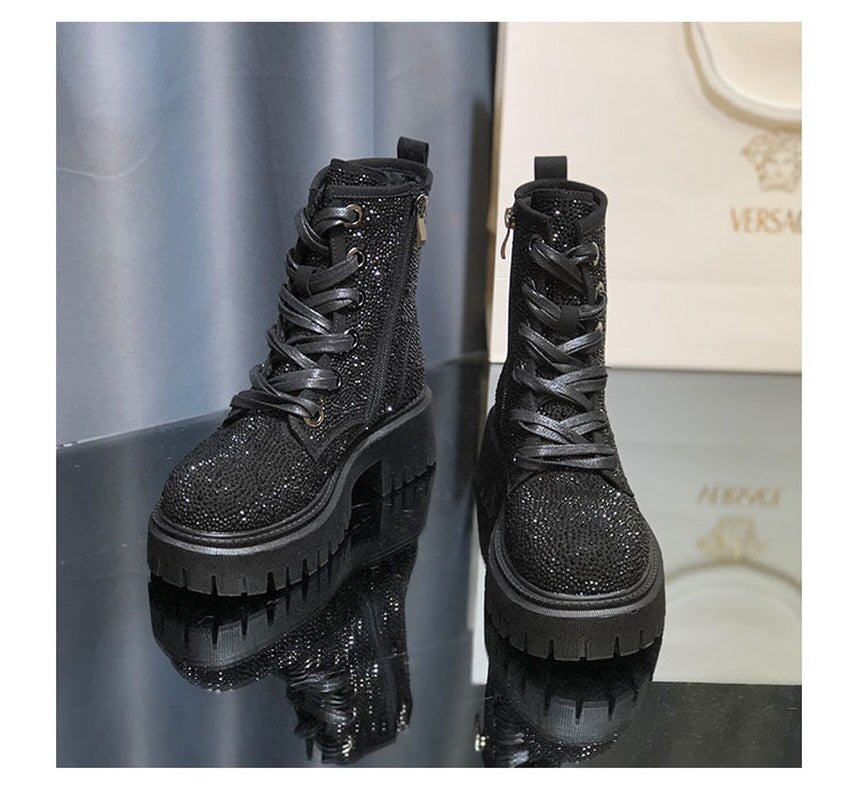New Autumn and Winter Boots Leather Full Rhinestone Round Toe Thick Bottom Thick Heel Increased Side Zipper Lace-up Martin Boots