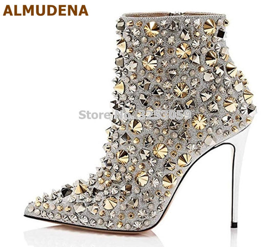 Glitter Gold Metallic Studs Ankle Boots Stiletto Heel Silver Shell Spikes Pointed Toe Booties Celebrity Dress Shoes