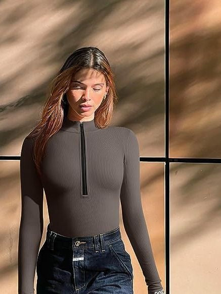 Long Sleeve Bodysuit Sexy Ribbed Bodysuit Front Zip Long Sleeve Top Bodysuit