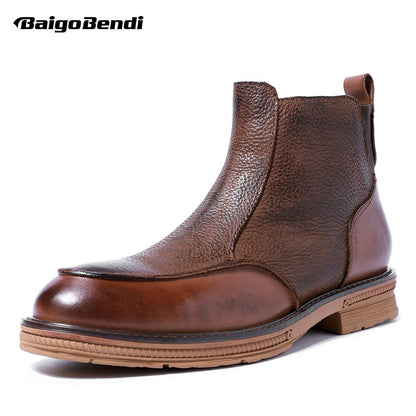 Hight End Boots Men Winter Shoes Full Grain Leather Chelsea Boots Business Man Elegant Zip Ankle Boots Retro