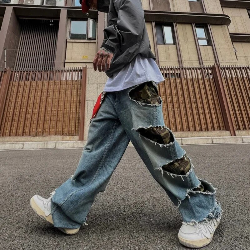 Camouflage Hole Fake Two Pieces Jeans Mens Straight Loose Wide-leg Denim Pants Street Hip Hop Cowboy Pants for Men