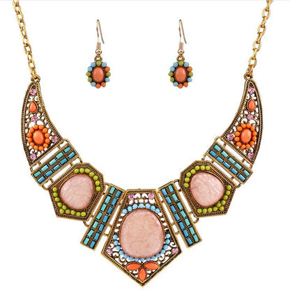 Hollow Out Geometric Color Resin Inlaid Diamond Collarbone Chain Necklace Earring Set