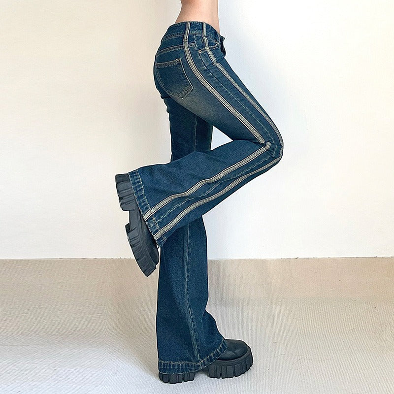 Vintage Flared Jeans Striped Stitching Skinny Low Rise Denim Pants Women Casual
