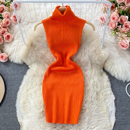 Turtleneck Knit Dress Women Fashion Autumn Solid Sleeveless Bodycon Mini Dress Fashion Streetwear Sexy Party Tight Dress