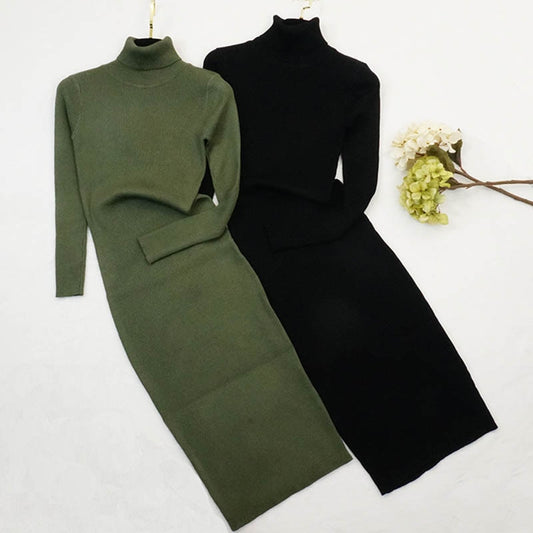 New Autumn Winter Women Knitted Dress Turtleneck Sweater Dresses Lady Slim Bodycon Long Sleeve Bottoming Dress