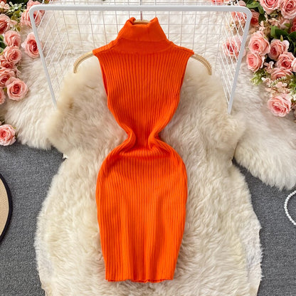 Turtleneck Knit Dress Women Fashion Autumn Solid Sleeveless Bodycon Mini Dress Fashion Streetwear Sexy Party Tight Dress