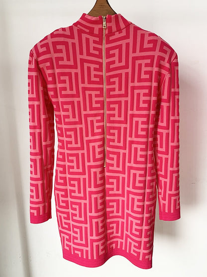 HIGH STREET Runway Fall Designer Women's Long Sleeve Monogram Jacquard Knit Dress