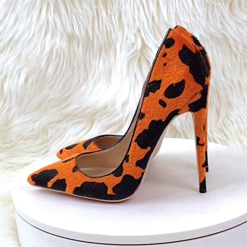 Tikicup Orange Cow Print Hairy Flock Women Pointy Toe High Heel Shoes 8cm 10cm 12cm Slip On Sexy Stiletto Pumps for Party Dress