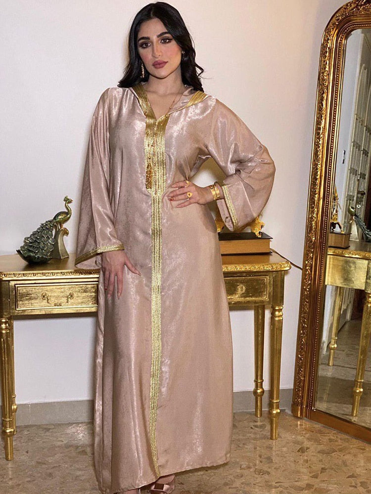 Dubai Abaya Jalabiya Hooded Maxi  Dress Long Sleeve  Islam Muslim Women Moroccan Kaftan ArabTurkey Robe Champagne White Green