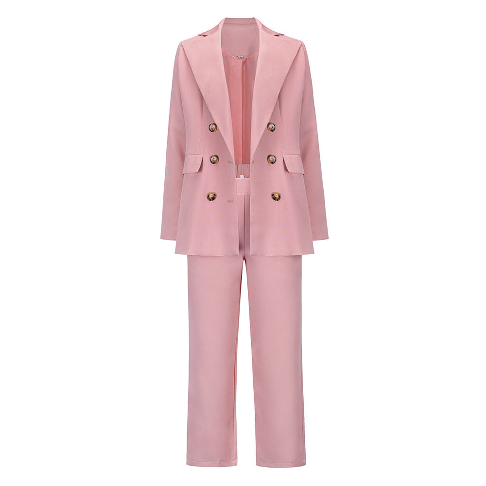 New Women's Double-Breasted Suit Jacket With Large Lapel For Fall/Winter Casual Straight Leg Pantsuit