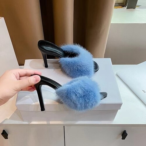 New slim heel open-toe sandals women's mink hair sexy fashion one-half hair high-heeled sandals