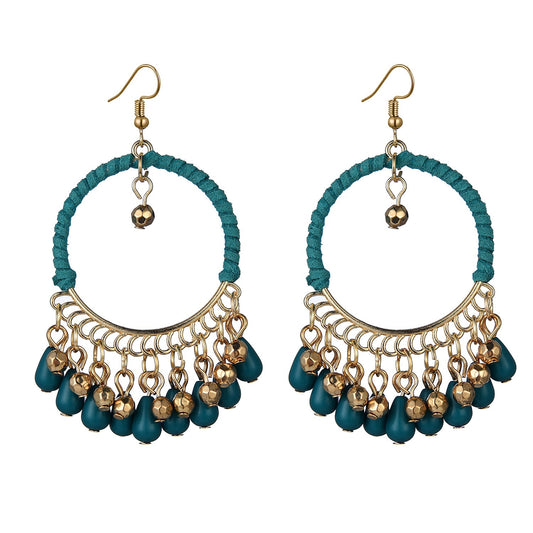 European and American ethnic style handmade woven earrings Bohemian retro round water drop tassel earrings