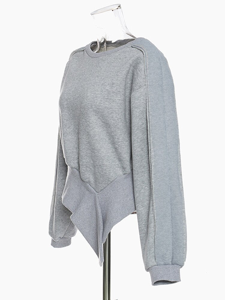 Loose Fit Big Size Irregular Hem Zipper Sweatshirt Round Neck Long Sleeve Women Fashion Spring Autumn