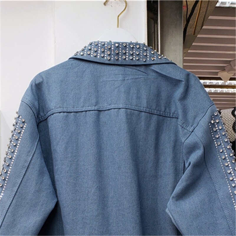 Heavy Work Diamonds Beading Long Sleeve Denim Jacket Women Loose Short Student Cowboy Outerwear Vintage Blue Jeans Jacket Female