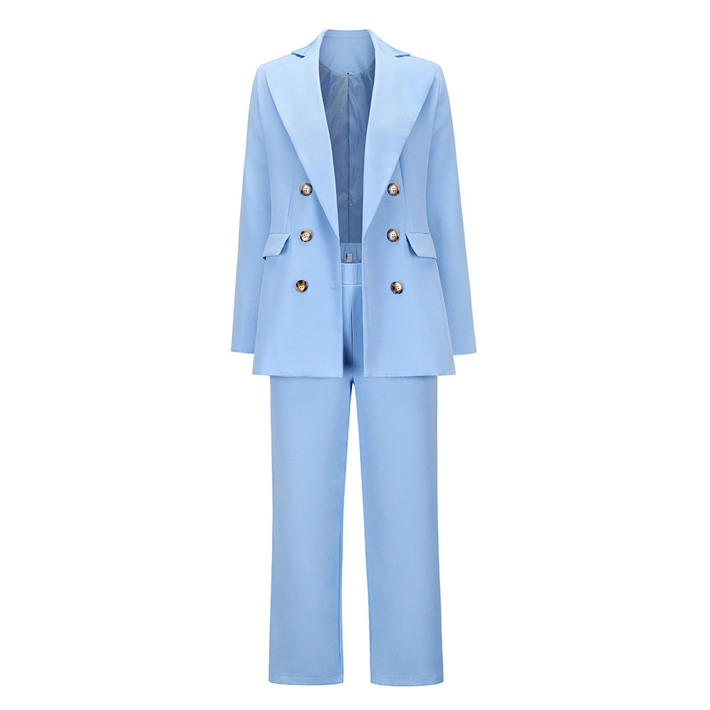 New Women's Double-Breasted Suit Jacket With Large Lapel For Fall/Winter Casual Straight Leg Pantsuit