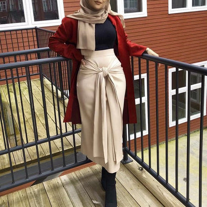 Muslim Islamic ethnic skirts Womens skirt autumn winter Long Belted Pencil Skirt