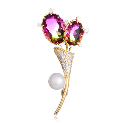 Temperament Fashion Tourmaline Brooch Light Luxury Exquisite Pearl Zircon Flower Corsage Dress Pin