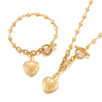 Temperament Fashion Ladies Stainless Steel Heart T-Button Bracelet Necklace Set