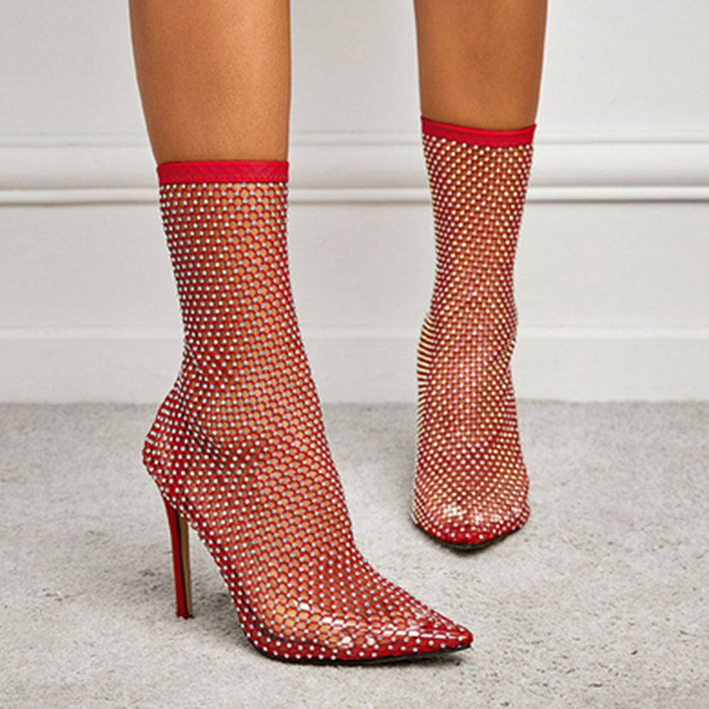 Crystal Rhinestone Mesh Stretch Fabric Sexy High Heels Sock Over-the-Knee Boots PVC Transparent Pointed Toe Shoes