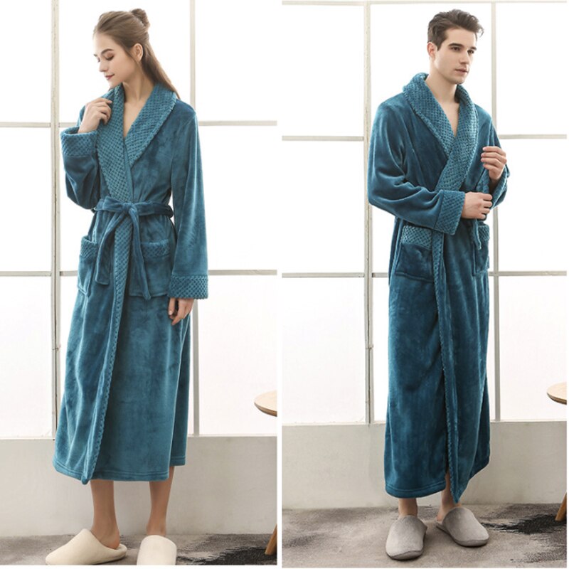 Lovers Plus Size Flannel Robe Extra Long Warm Bathrobe Men Women Thick Winter Kimono Bath Robe Male Dressing Gown Robes