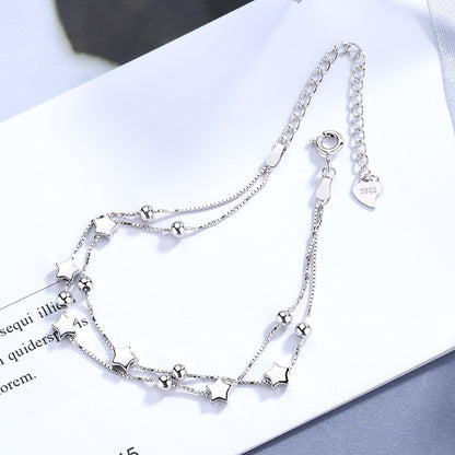 S925 Sterling Silver Bead Bracelet Women's Korean Version Of The Simple Five-Pointed Star Double-Layer Wild Fresh Personality Star Anklet