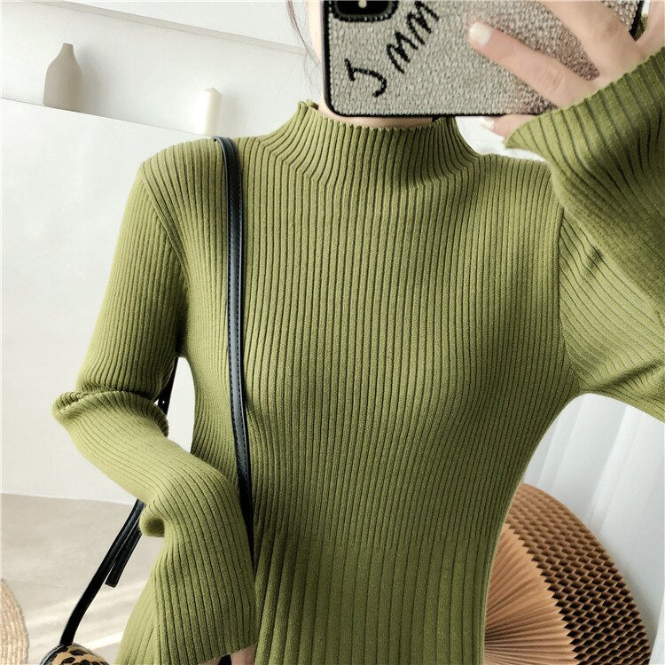 Women New Fashion Green Knitting Midi Dress Loose Stand Collar Autumn Winter Keepwarn Sweater Dresses