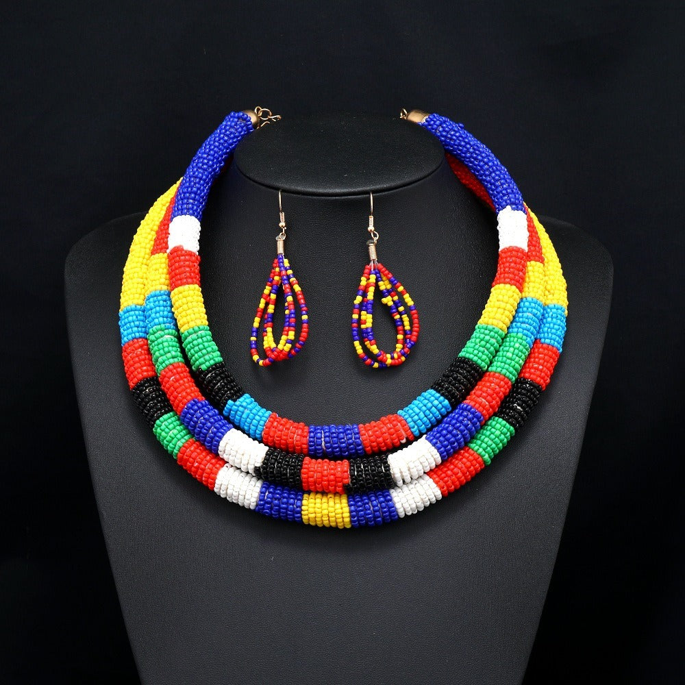 Creative new colorful rice bead necklace multi-layer choker earring set