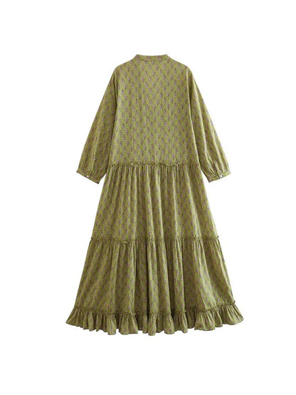 TRAF  Summer Women Loose Print Mid-Calf Dress Elegant Single Breasted Long Sleeve Dress Casual Layered Patchwork Dresses