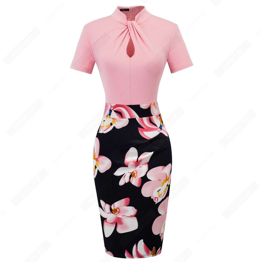 Elegant Work Office Business Drapped Contrasting Bodycon Slim Lady Women Sexy Front Key Hole Summer Pencil Dress EB430