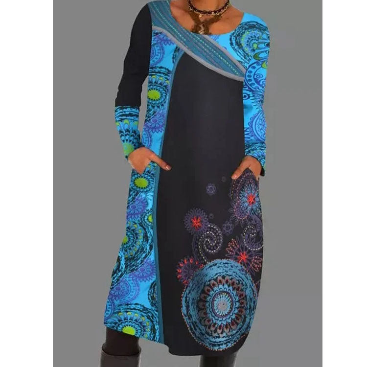 Pullover Print Ethnic Dress Long Sleeve Long Dress Skirt Ladies For Women