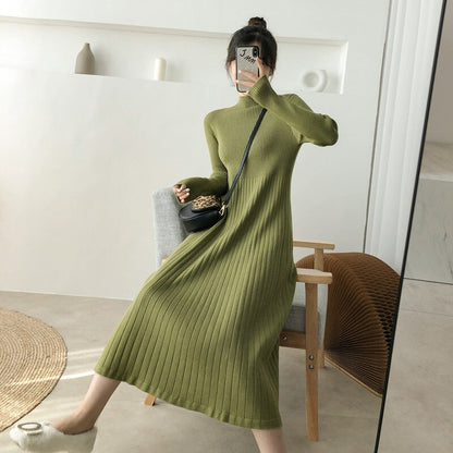 Women New Fashion Green Knitting Midi Dress Loose Stand Collar Autumn Winter Keepwarn Sweater Dresses