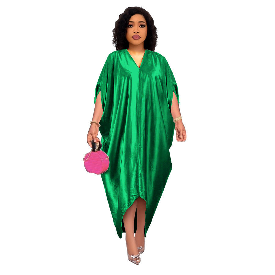 Spring New African Plus Size Muslim Women's Solid Color V-Neck Dress