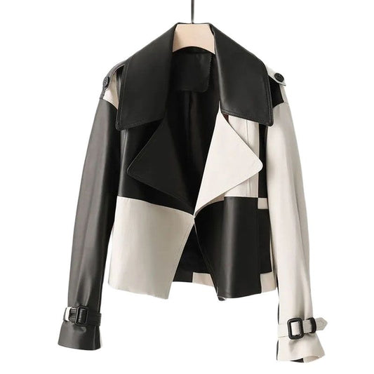 High-End Black White Check Splice Leather Jacket Women's Coat Tops