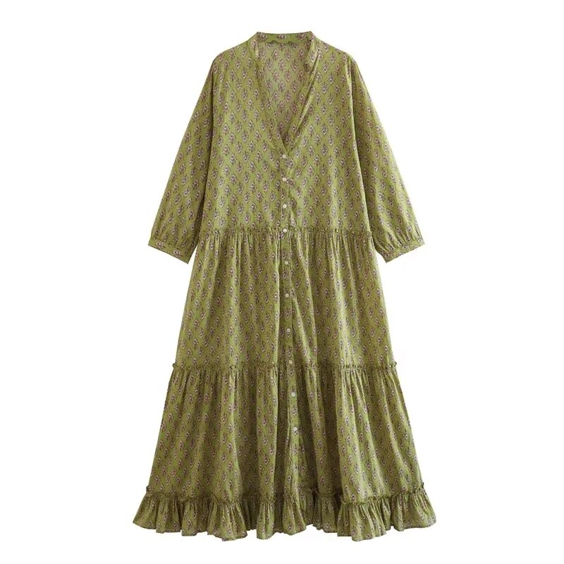 TRAF  Summer Women Loose Print Mid-Calf Dress Elegant Single Breasted Long Sleeve Dress Casual Layered Patchwork Dresses