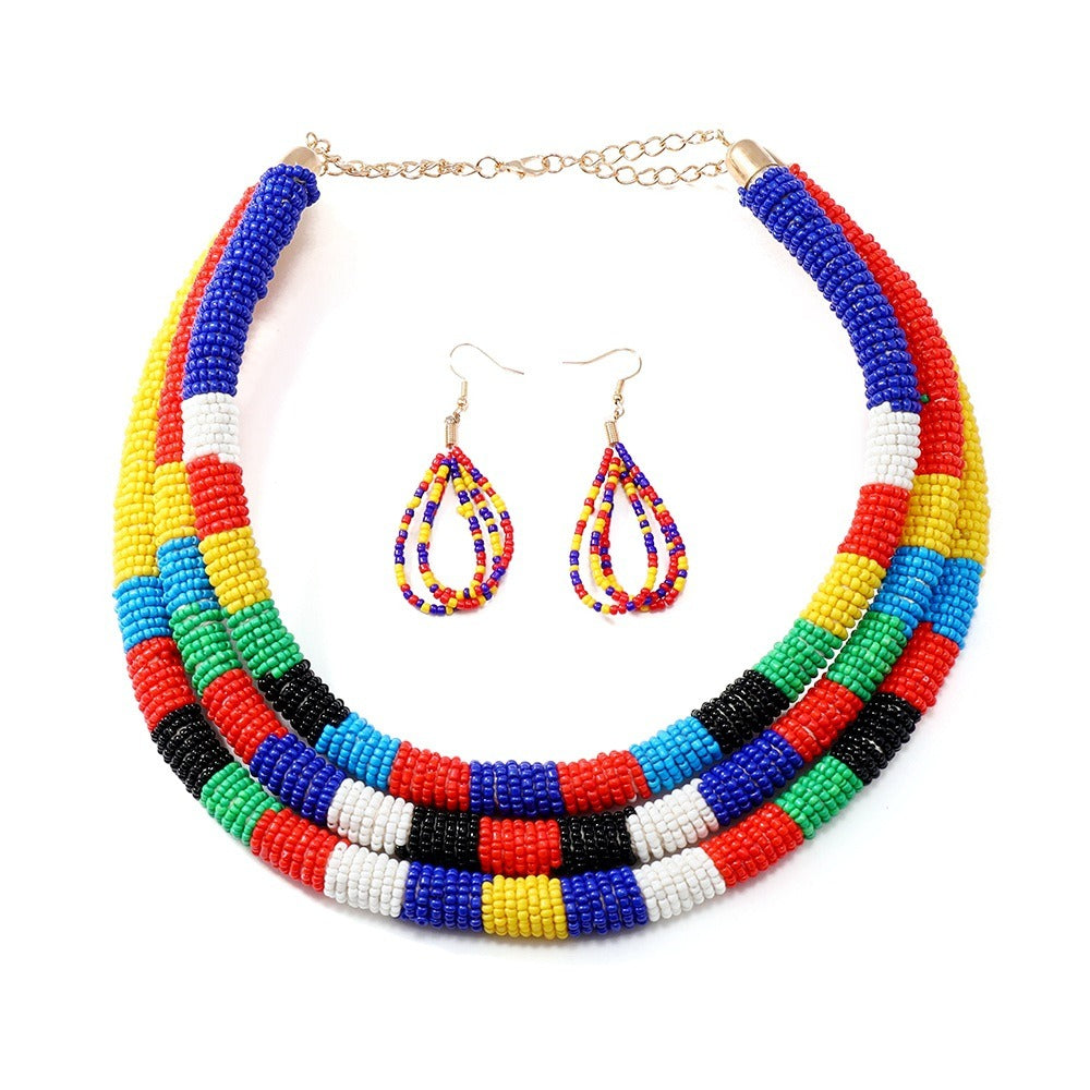 Creative new colorful rice bead necklace multi-layer choker earring set