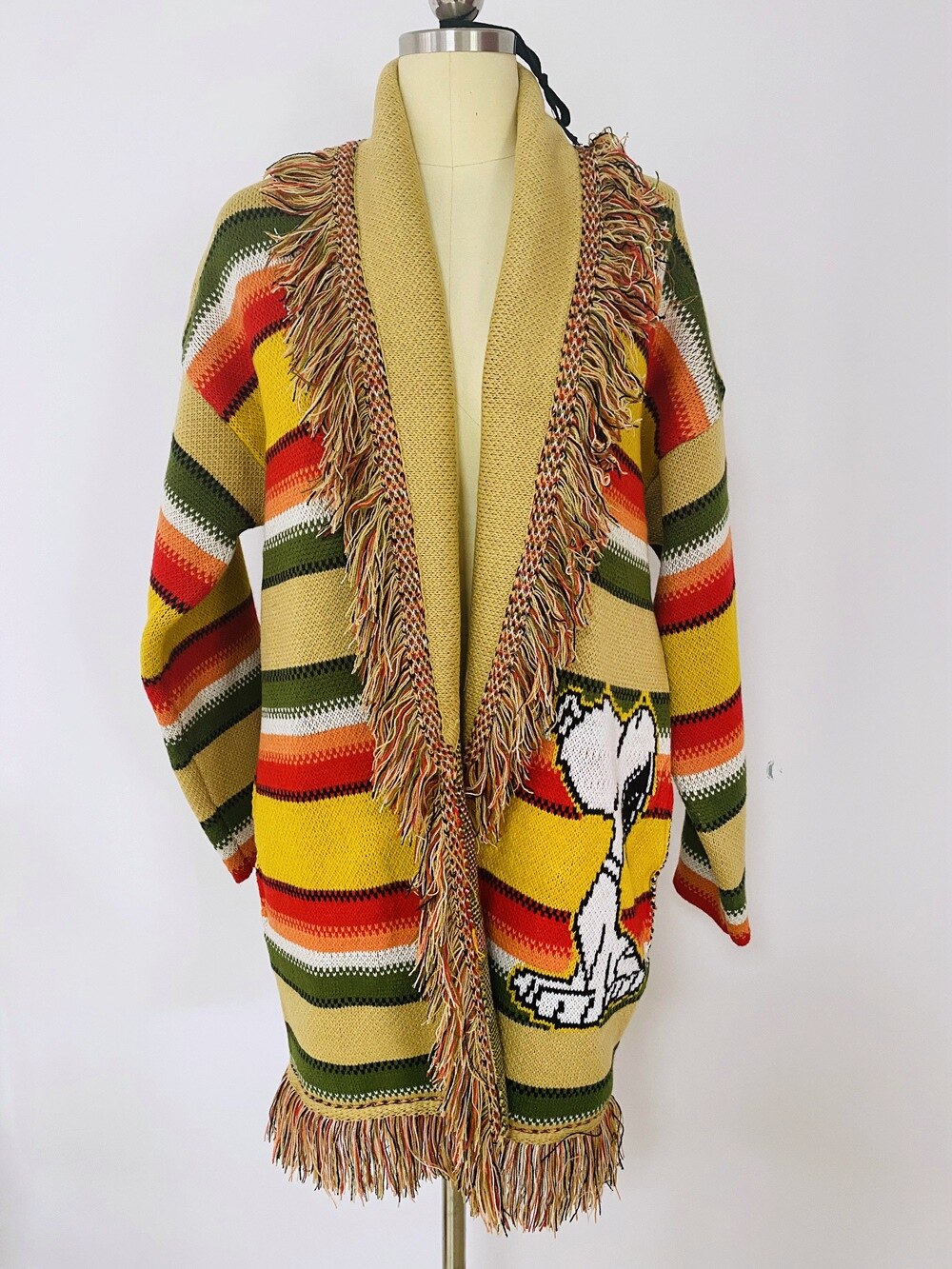 Jacket Wool Rainbow Striped Sweater Cardigan Cartoon Jacquard Knit Mid-length Coats Tops