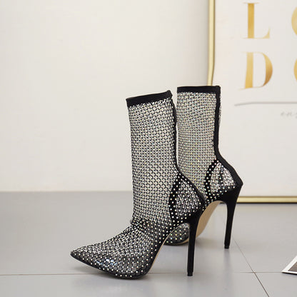 Crystal Rhinestone Mesh Stretch Fabric Sexy High Heels Sock Over-the-Knee Boots PVC Transparent Pointed Toe Shoes