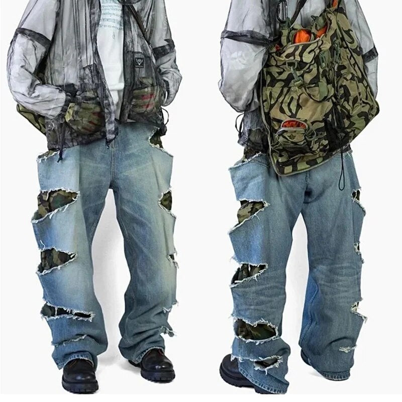 Camouflage Hole Fake Two Pieces Jeans Mens Straight Loose Wide-leg Denim Pants Street Hip Hop Cowboy Pants for Men