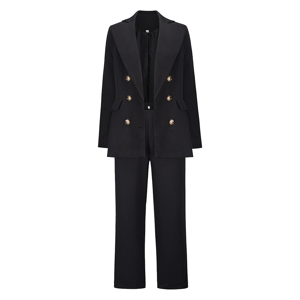 New Women's Double-Breasted Suit Jacket With Large Lapel For Fall/Winter Casual Straight Leg Pantsuit