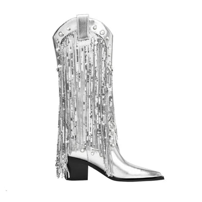 Silver Sequin Chelsea Boots Pointed 10cm/7cm Slope Heel Tassel Boots Internet Celebrity Estate Holiday Autumn Boots