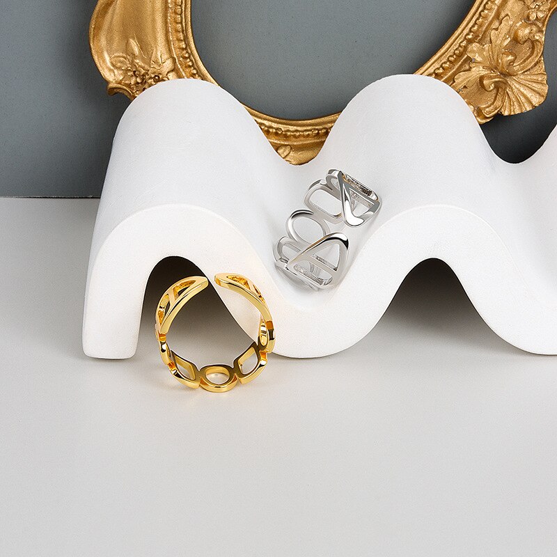 Geometric Chain Hollow Ring Female Unique Design Opening Fashion Simple Temperament Punk Party Jewelry Gift