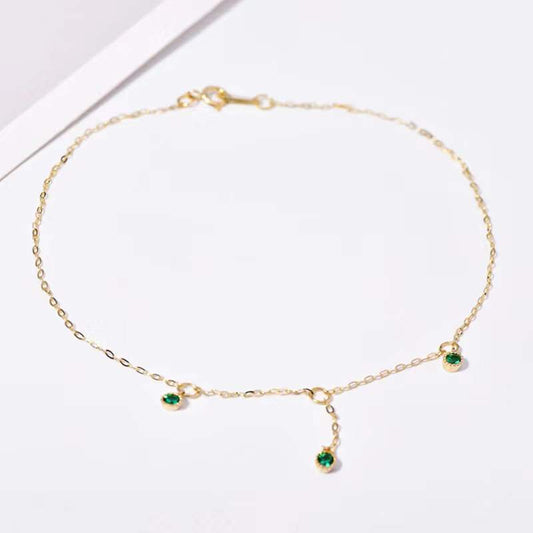 S925 Sterling Silver Plated 14K Gold Anklet Female Ins Style Temperament All-Match Emerald Diamond High-End Summer Anklet