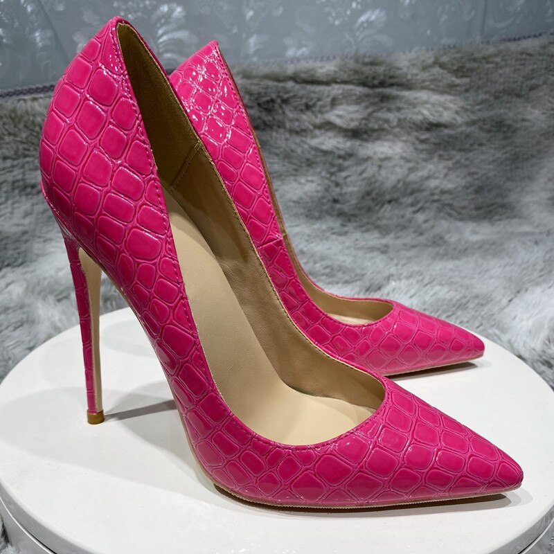 Tikicup Rose Pink Women Crocodile Effect Stiletto Pumps Pointed Toe Slip On 8/10/12cm High Heels Ladies Party Dress Shoes
