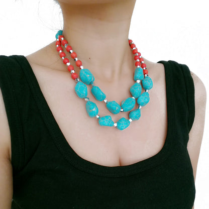 Layered Turquoise Exaggerated Vintage Clavicle Chain Necklace Jewelry