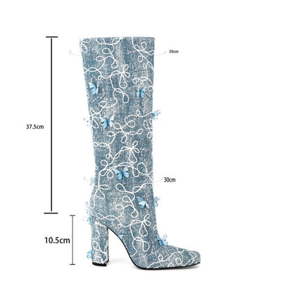 Processing Time:7-15 days after placing orders Women's Fashion Sexy Color Butterfly Decoration Square Head High Boots Autumn and Winter New Slope Heel Party Show Skirt Shoes