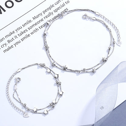 S925 Sterling Silver Bead Bracelet Women's Korean Version Of The Simple Five-Pointed Star Double-Layer Wild Fresh Personality Star Anklet
