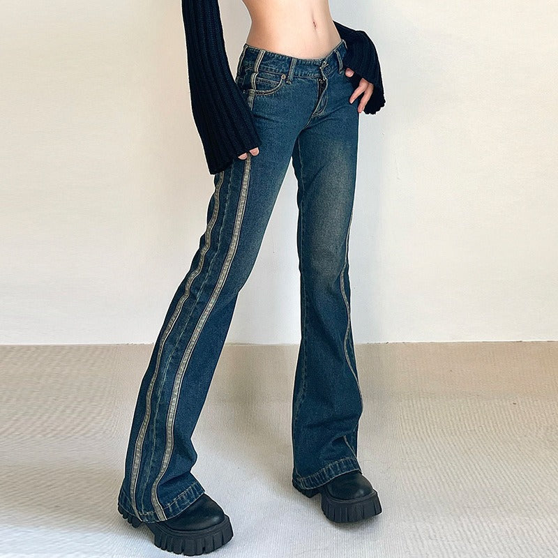 Vintage Flared Jeans Striped Stitching Skinny Low Rise Denim Pants Women Casual