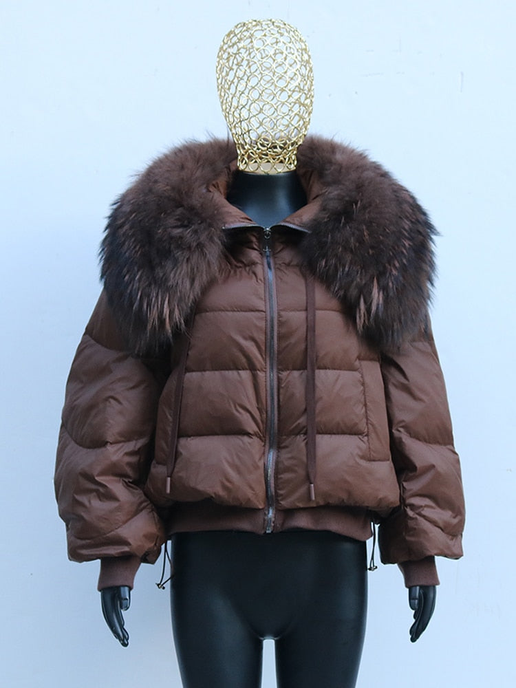 Winter Down Jacket Women Large Real Raccoon Fur Collar Short Female Parkas Thick Warm 90% Duck Down Coat Loose